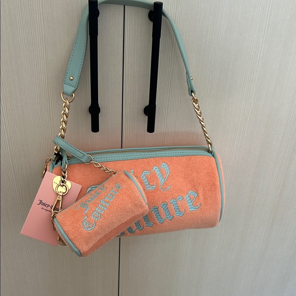 Juicy Couture Coral Suede Barrel Bag with Mint Trim & Chain Strap